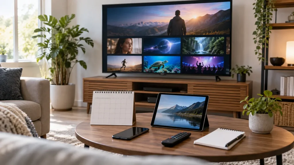 IPTV subscription cost comparison using a TV, tablet, phone, and calendar