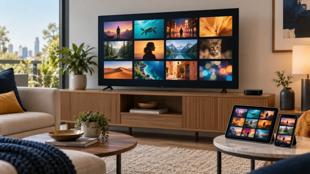 Smart TV, tablet, and phone in a living room illustrating IPTV for three devices