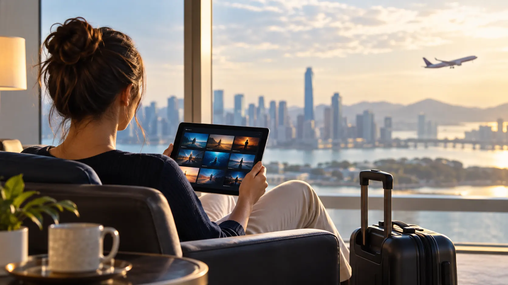 Traveler with a tablet and suitcase illustrating IPTV while traveling abroad