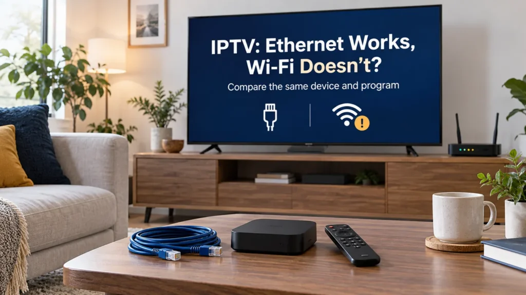 Illustration of checks when IPTV works on Ethernet but not Wi-Fi, with a TV, router, and cable
