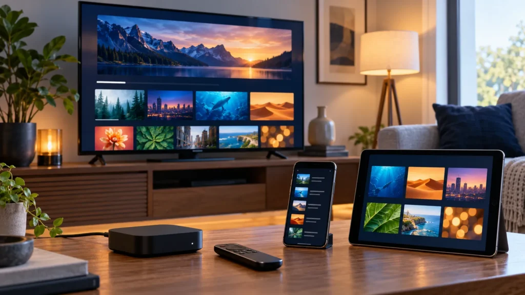 Apple TV-style streaming setup with phone and tablet illustrating IPTVX setup
