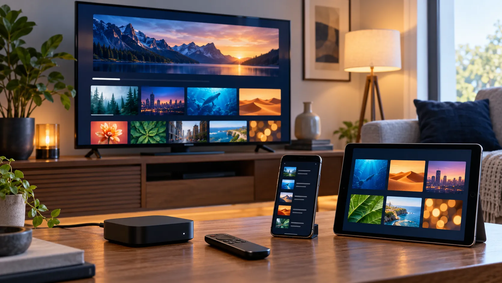 Apple TV-style streaming setup with phone and tablet illustrating IPTVX setup