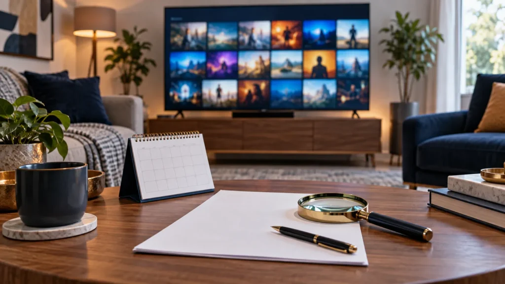 Blank contract, calendar, and TV illustrating a lifetime IPTV subscription decision