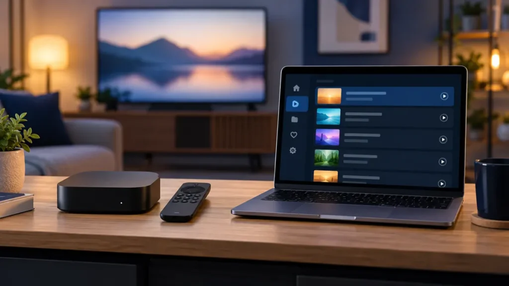 MAG vs M3U IPTV comparison illustrated by a TV box and a laptop playlist