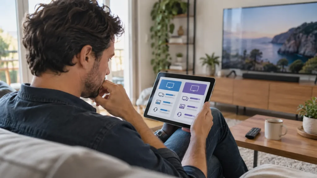 Personne comparant des offres TV sur tablette pour choisir le meilleur abonnement IPTV en France
