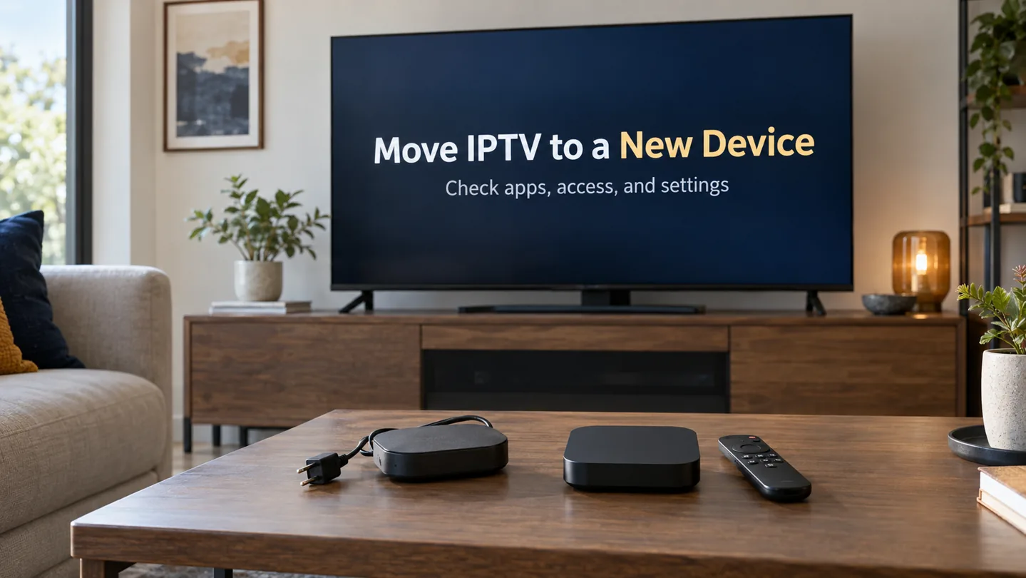 Move IPTV to a new device checklist displayed above two illustrative streaming boxes
