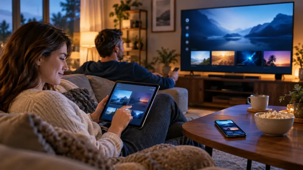Two adults comparing a multi-device IPTV subscription on a TV, tablet, and phone at home