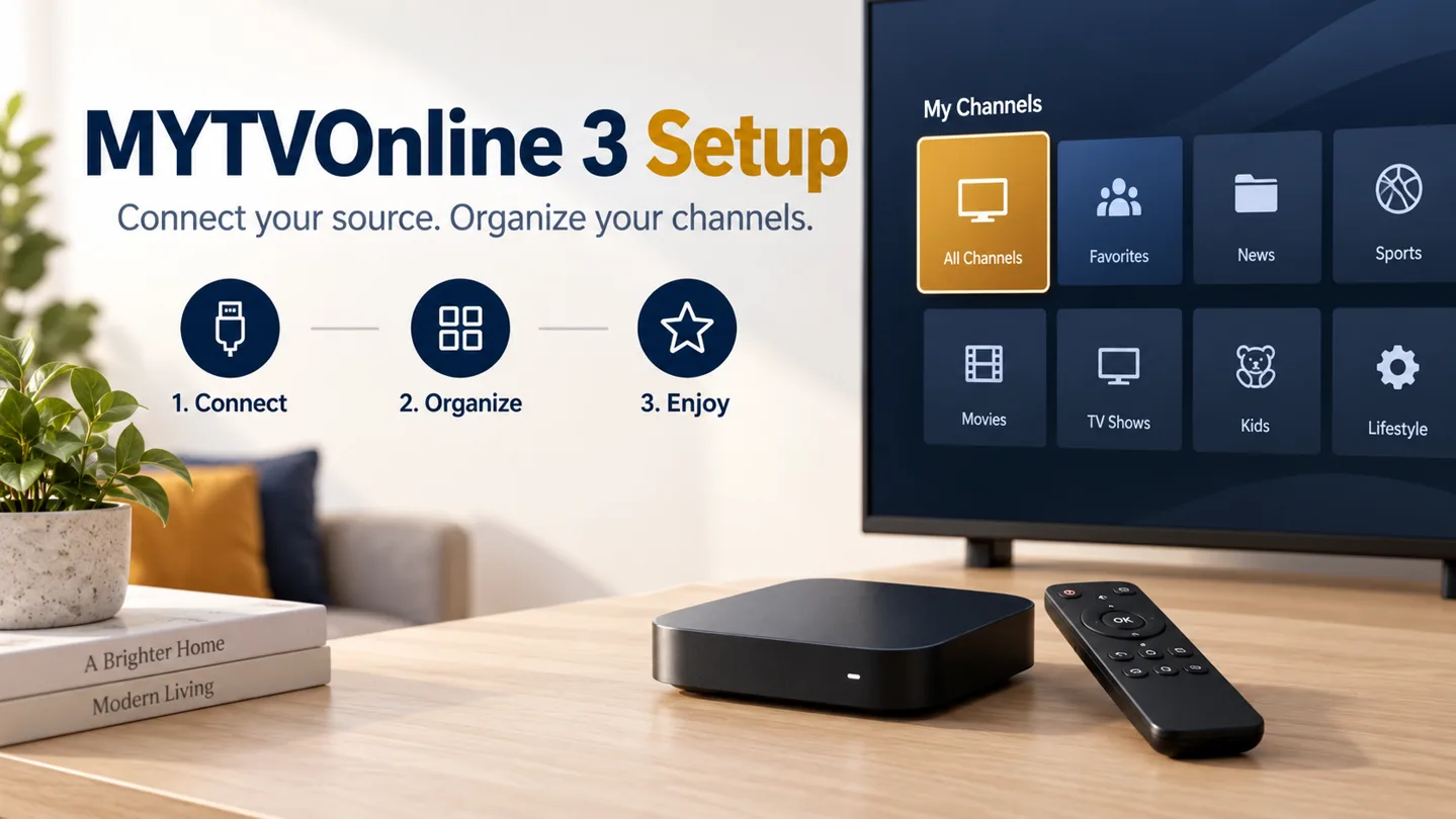 MYTVOnline 3 setup guide beside illustrative streaming hardware and channel-category tiles