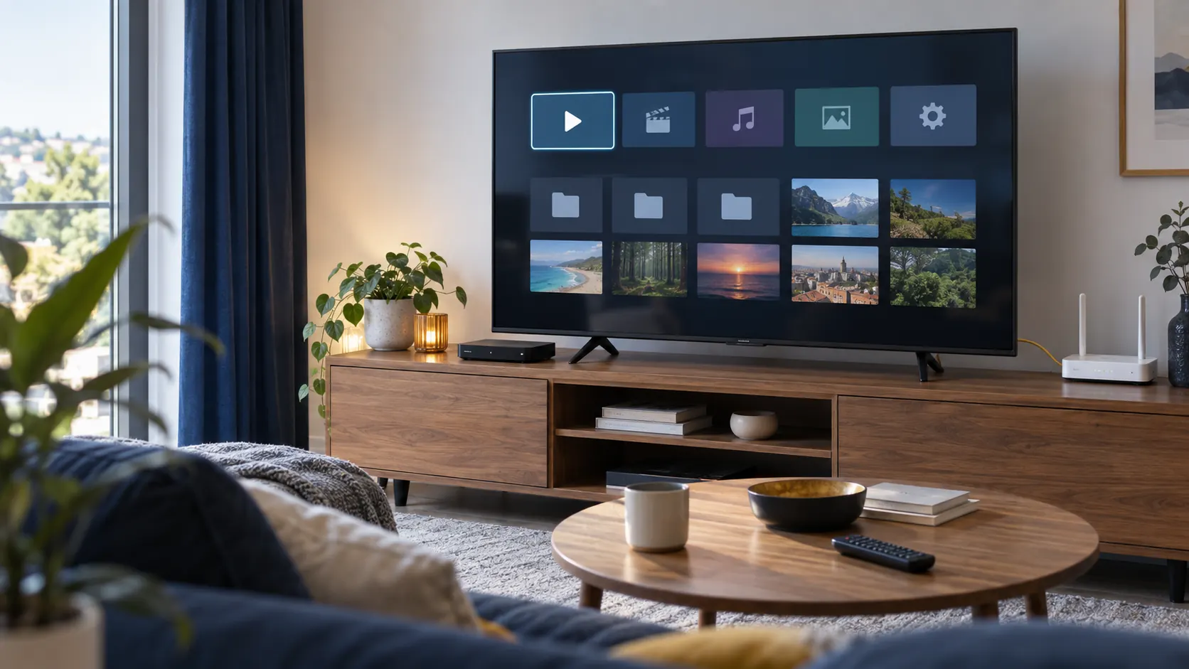 Illustrative TV media grid showing how to organize IPTV channels and app shortcuts