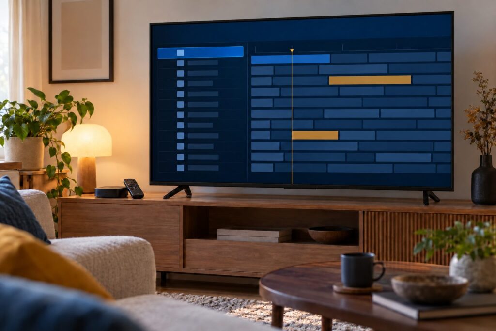 Generic TV program guide and streaming device illustrating OTT Navigator subscription setup