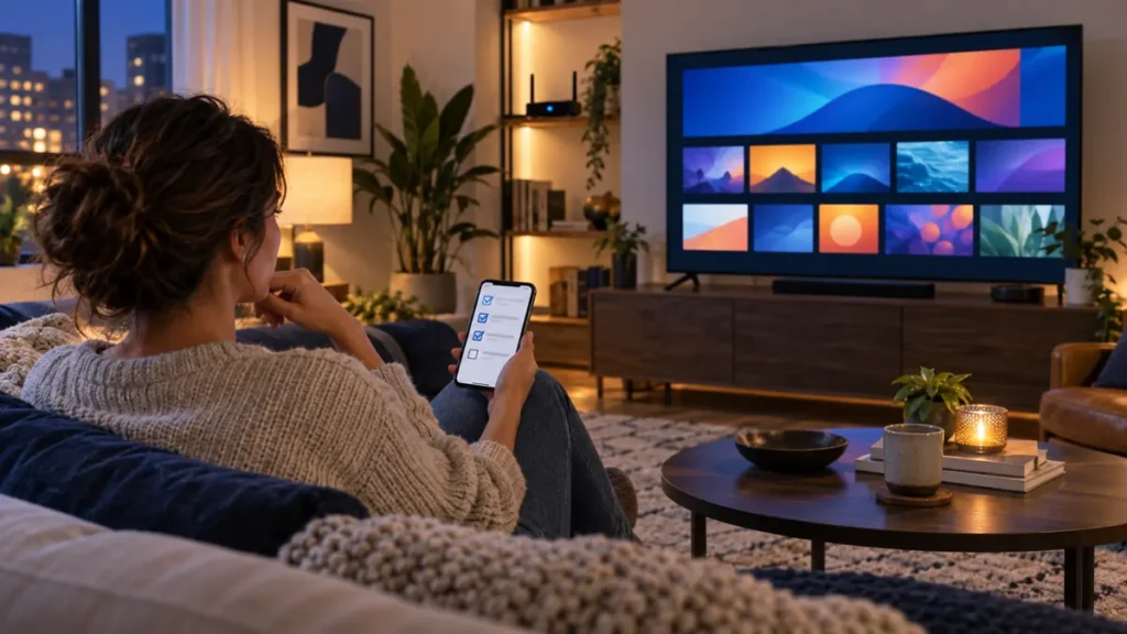 Woman reviewing a premium IPTV subscription trial checklist beside a smart TV
