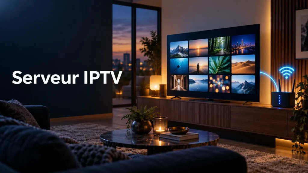 Serveur IPTV illustré par une télévision connectée et un routeur dans un salon