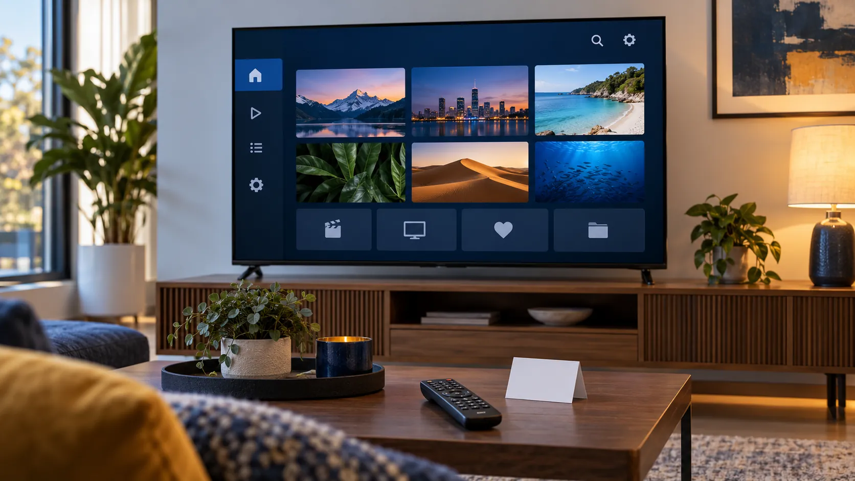 Smart TV and remote illustrating SET IPTV setup with a generic playlist screen