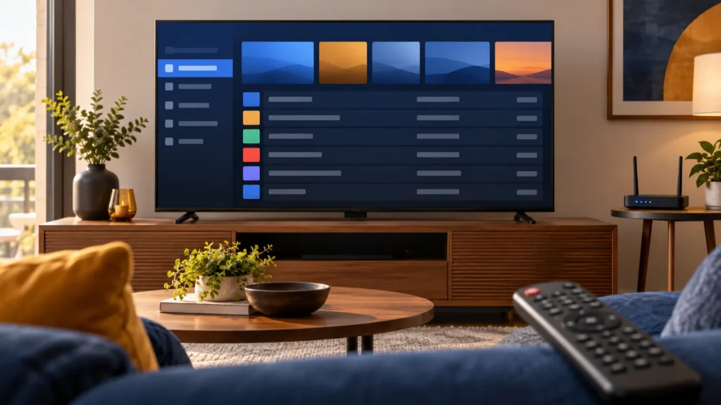 Smart TV and remote showing a generic playlist, illustrating Smart IPTV setup