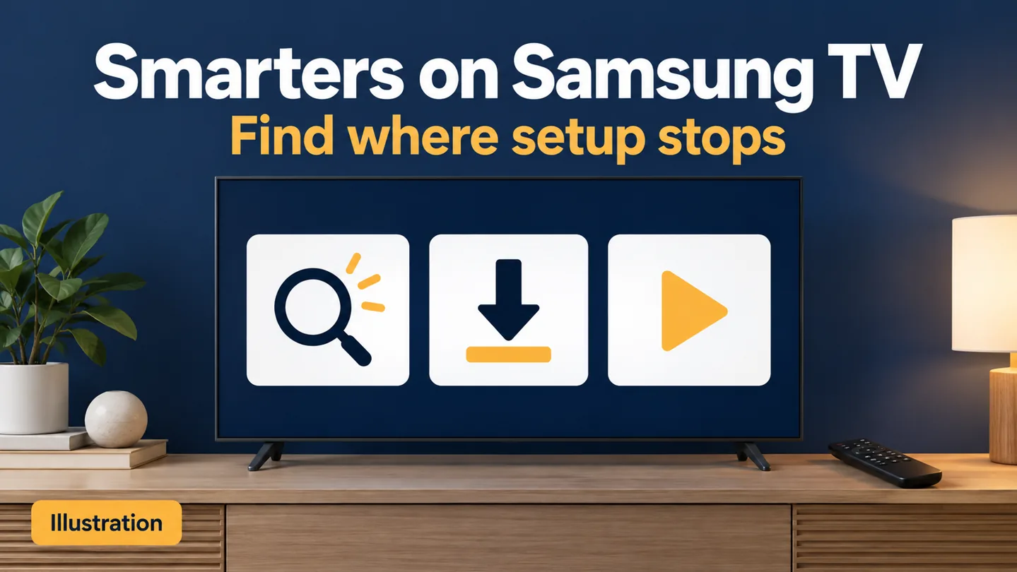 Smarters on Samsung TV setup illustration with search, download, and playback symbols