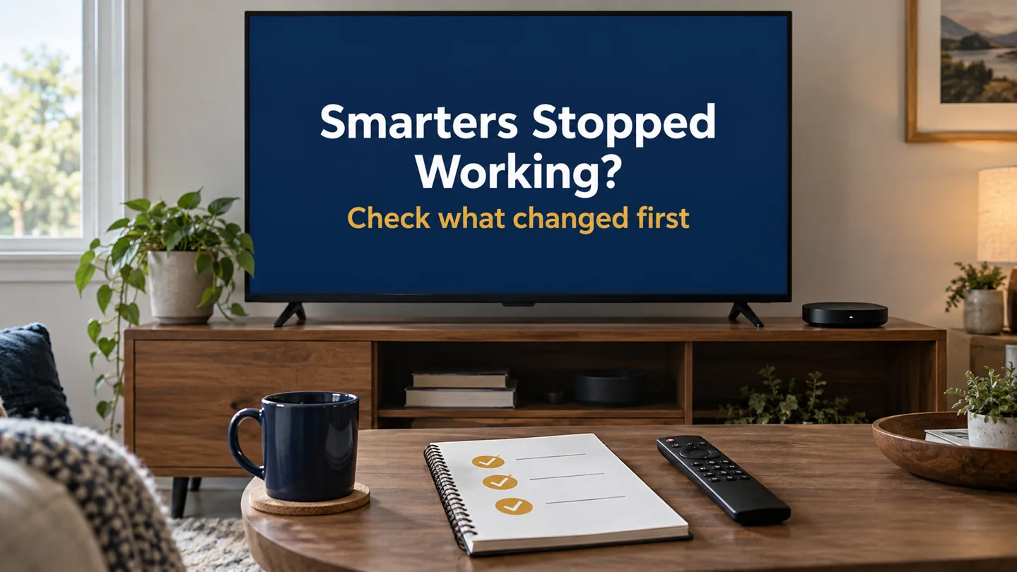 Smarters stopped working troubleshooting title on an illustrative TV beside a remote and checklist