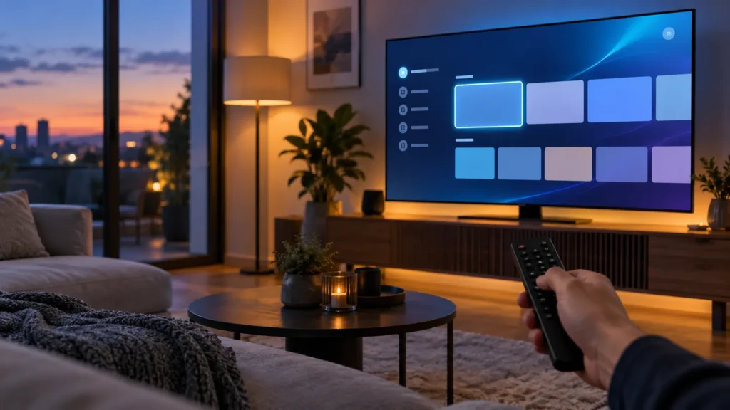 Smart TV and remote illustrating SmartOne IPTV setup with a generic playlist screen