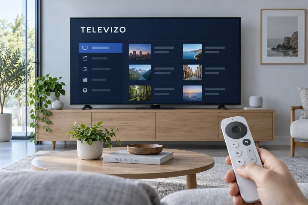 Illustration of a television labeled Televizo IPTV with a remote control in the foreground