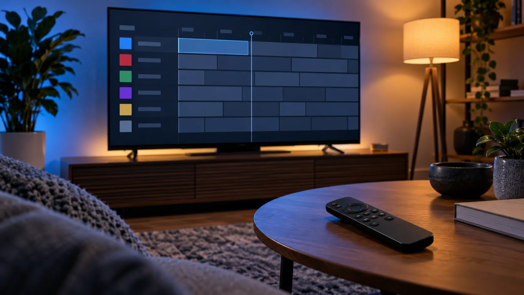 Android TV and remote showing a generic guide, illustrating TiviMate IPTV setup