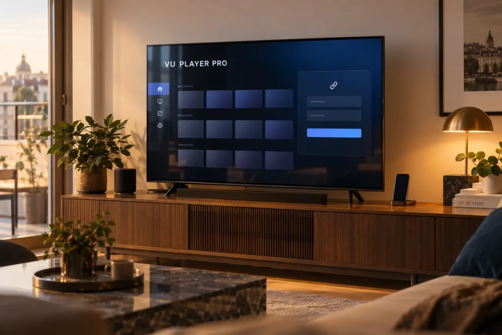 Téléviseur affichant une interface illustrative de playlist Vu Player Pro