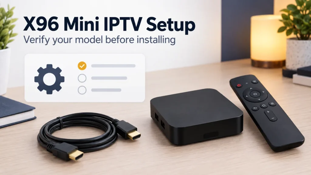 X96 Mini IPTV setup guide title beside illustrative streaming hardware and a settings checklist