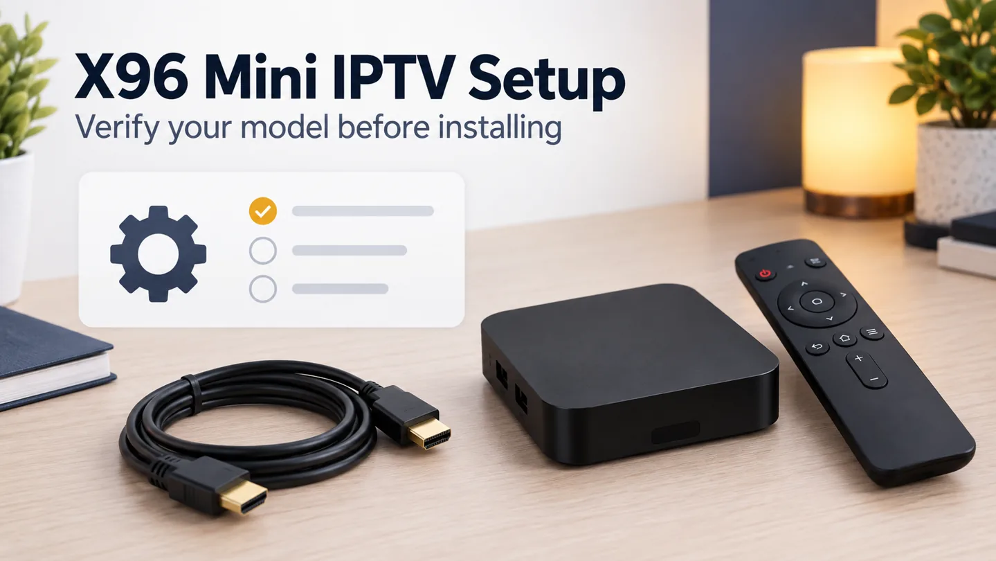 X96 Mini IPTV setup guide title beside illustrative streaming hardware and a settings checklist