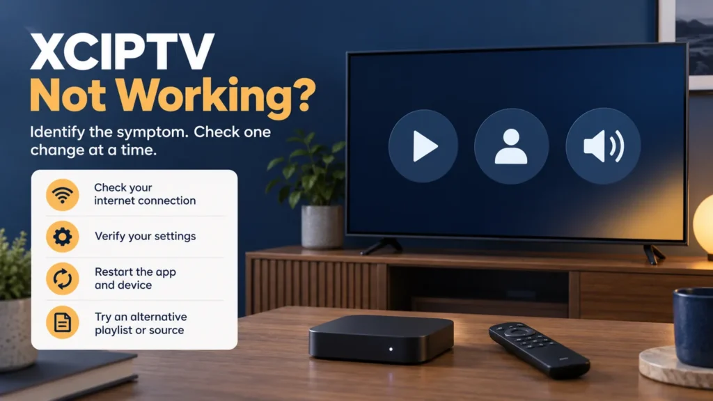 XCIPTV not working troubleshooting illustration with a streaming device and diagnostic checklist